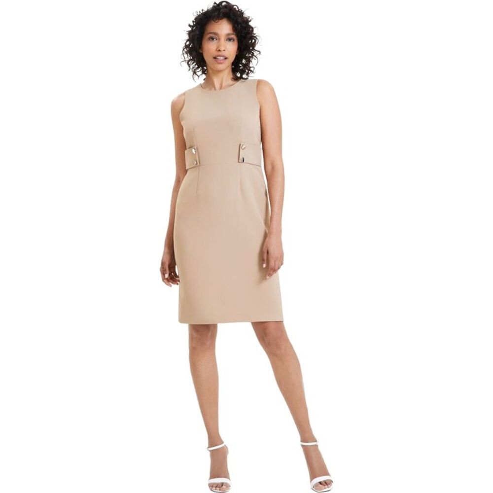 Anne Klein Womens Waist Button Straps Sheath Dress, Beige, 4, DM